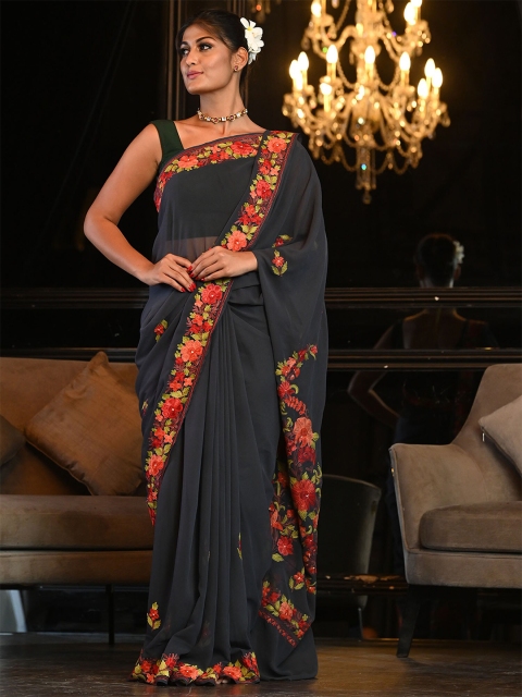 

BEATITUDE Black & Red Floral Embroidered Saree