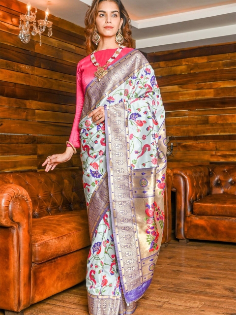 

BEATITUDE Blue & Red Woven Design Zari Saree