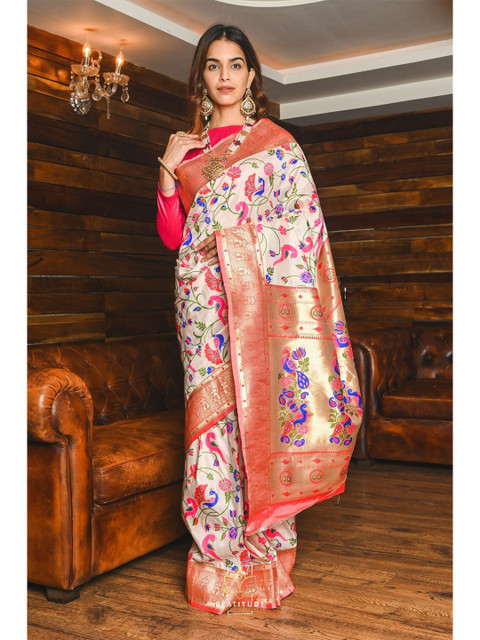 

BEATITUDE Pink & Blue Woven Design Zari Saree