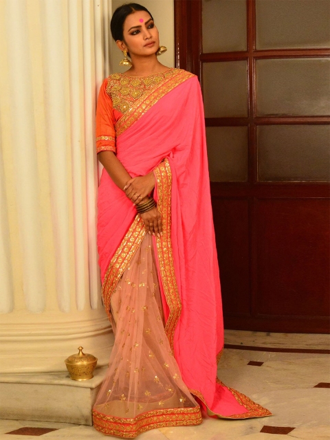 

BEATITUDE Peach-Coloured & Gold-Toned Floral Embroidered Saree