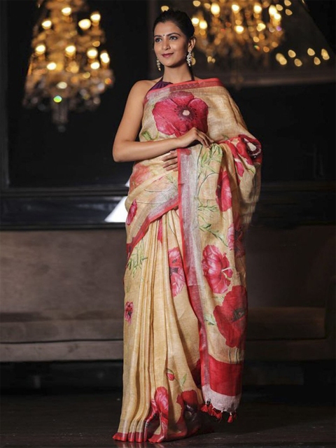 

BEATITUDE Beige & Pink Floral Zari Pure Linen Saree