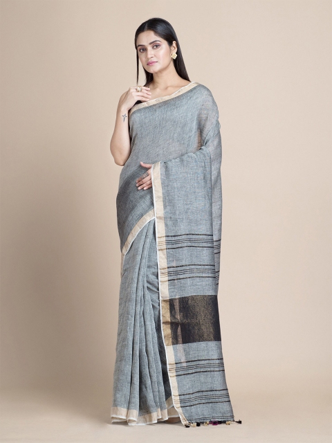 

BEATITUDE Grey & Brown Striped Zari Pure Linen Saree