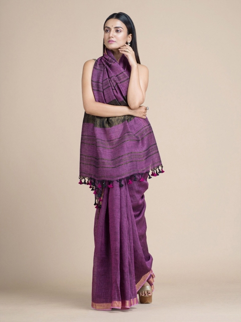 

BEATITUDE Purple & Pink Striped Zari Pure Linen Saree