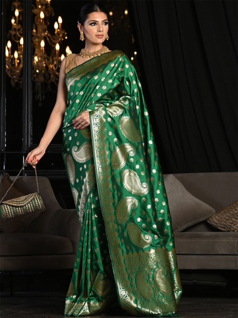 

BEATITUDE Green & Gold-Toned Paisley Zari Saree