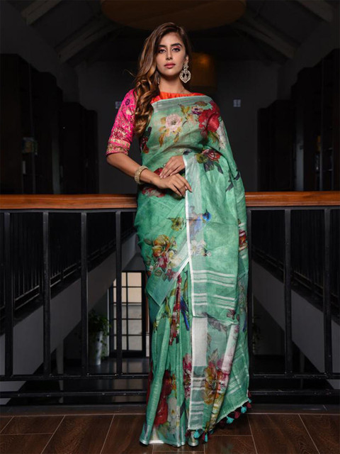 

BEATITUDE Green & Red Floral Zari Pure Linen Saree