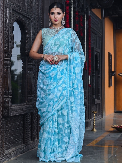 

BEATITUDE Blue Floral Embroidered Saree