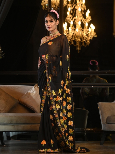 

BEATITUDE Black & Yellow Embroidered Kashmiri Saree