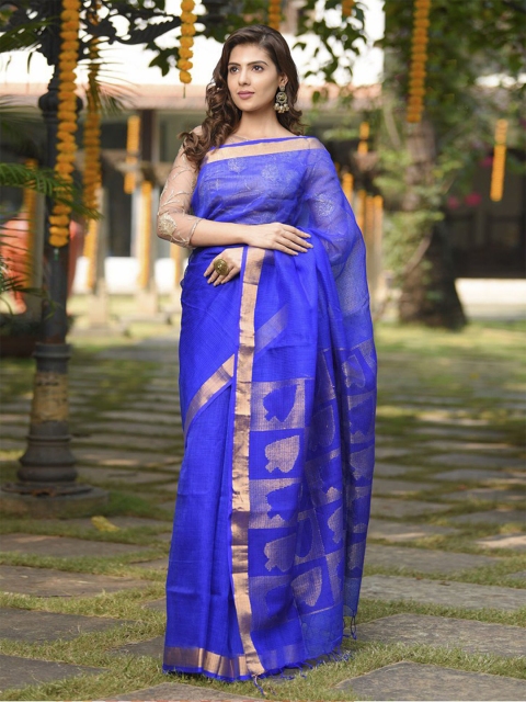 

BEATITUDE Blue & Gold-Toned Checked Zari Saree