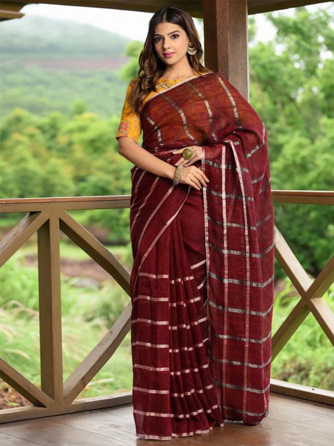 

BEATITUDE Maroon & Gold-Toned Striped Pure Linen Saree