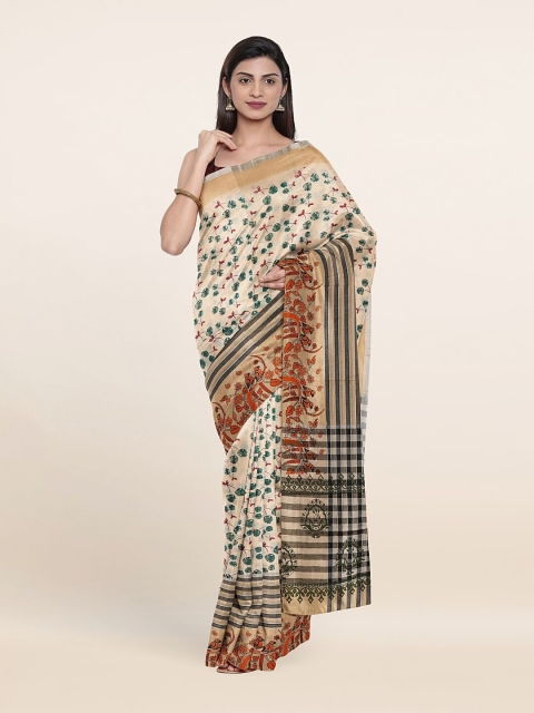 

Pothys Cream-Coloured & Green Printed Floral Pure Cotton Saree