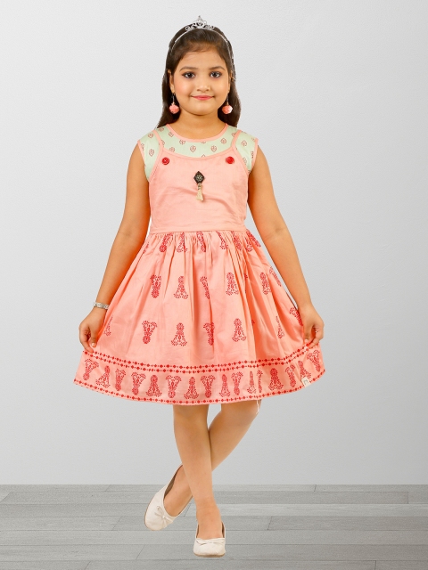 

ZOOBA Girls Peach & Green Floral Cotton Party Dress