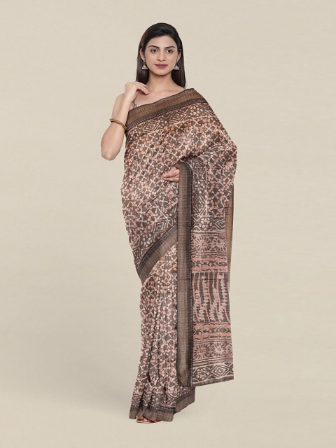 

Pothys Grey & Peach-Coloured Ethnic Motifs Jute Silk Saree