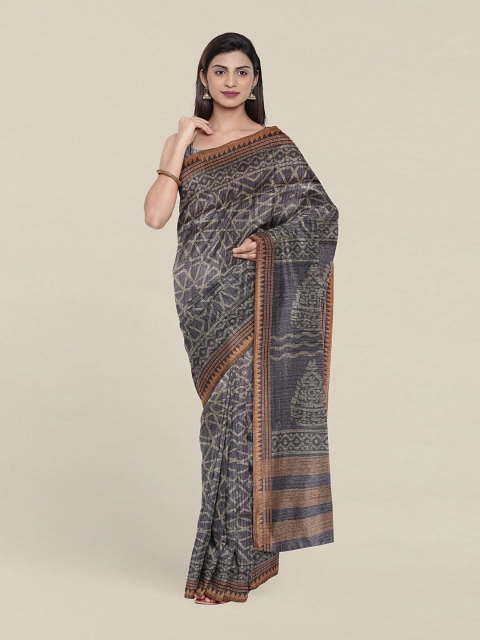 

Pothys Grey & Brown Floral Jute Silk Tussar Saree