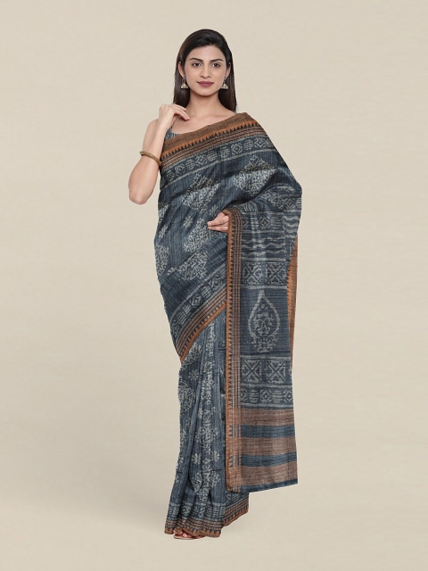 

Pothys Blue & Brown Ethnic Motifs Jute Silk Tussar Saree