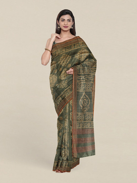

Pothys Green & Brown Floral Jute Silk Tussar Saree