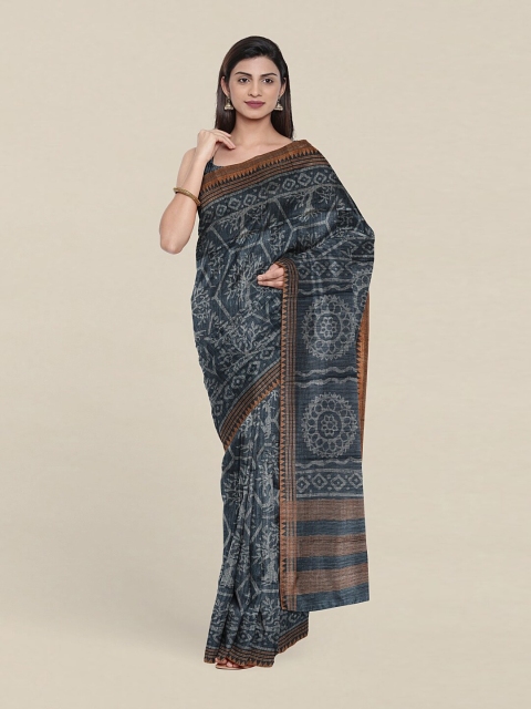 

Pothys Blue & Brown Floral Jute Silk Tussar Saree