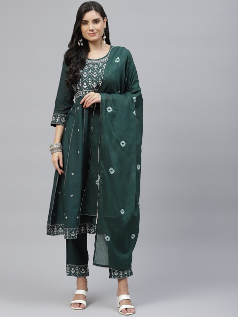 

KALINI Women Green Ethnic Motifs Embroidered Empire Kurta with Trousers & Dupatta