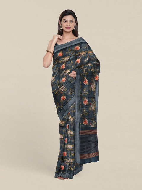

Pothys Blue & Peach-Coloured Floral Printed Zari Jute Silk Saree