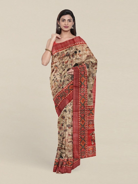 

Pothys Tan & Green Floral Jute Silk Saree