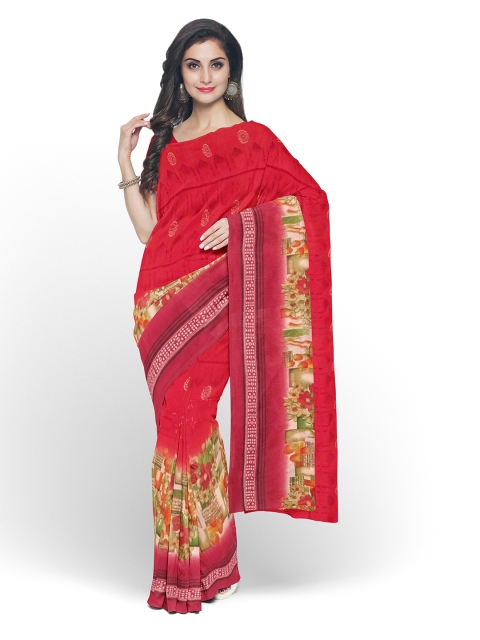 

SAADHVI Peach-Coloured & Green Floral Pure Georgette Dharmavaram Saree