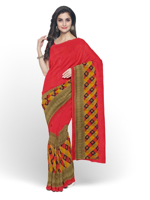 

SAADHVI Red & Navy Blue Ethnic Motifs Pure Georgette Fusion Dharmavaram Saree