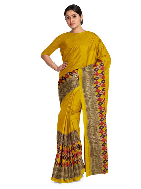

Florence Yellow & Pink Ethnic Motifs Pure Georgette Dharmavaram Saree