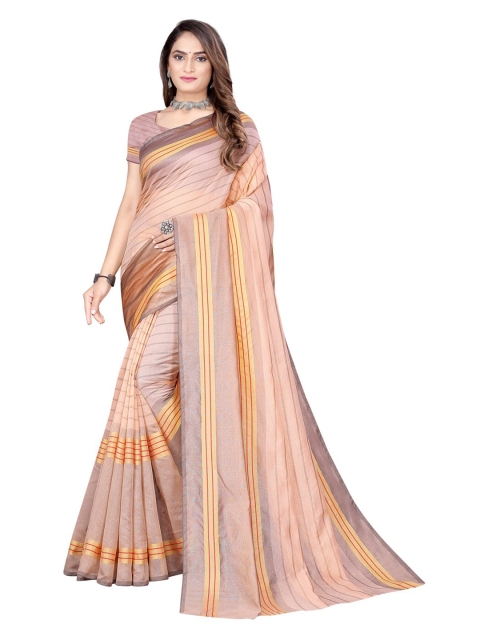 

Florence Peach-Coloured & Gold-Toned Striped Cotton Silk Saree