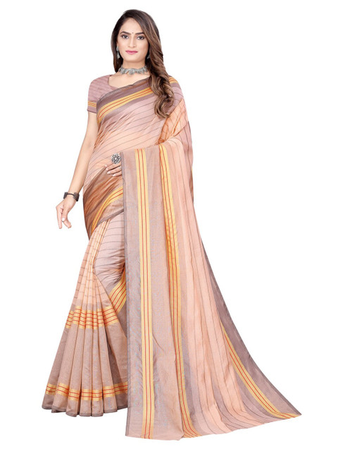 

KALINI Peach-Coloured & Yellow Striped Cotton Silk Saree