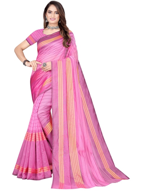 

KALINI Pink & Gold-Toned Striped Cotton Silk Saree