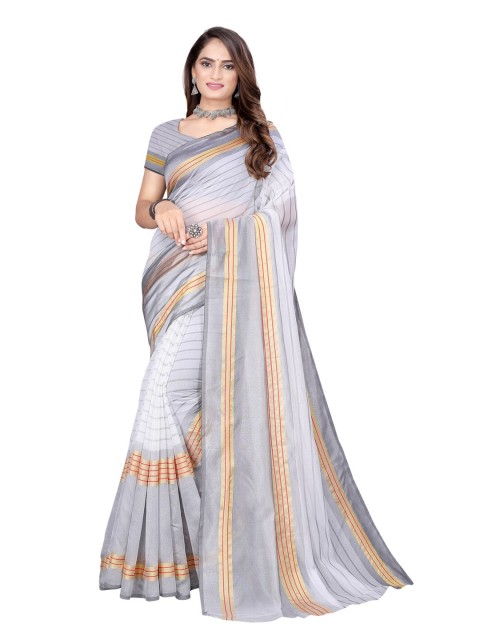 

KALINI White & Grey Striped Cotton Silk Saree