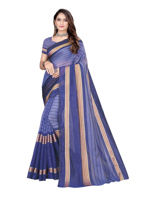

KALINI Navy Blue & Gold-Toned Striped Cotton Silk Saree