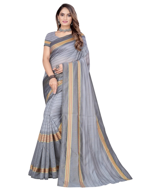 

KALINI Grey & Gold-Toned Striped Cotton Silk Saree