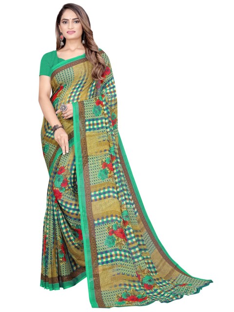 

Florence Sea Green & Red Floral Pure Georgette Maheshwari Saree