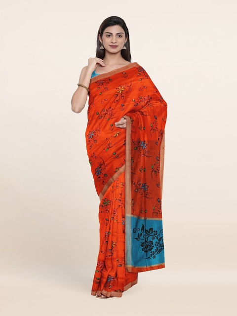 

Pothys Orange & Blue Floral Printed Pure Cotton Saree