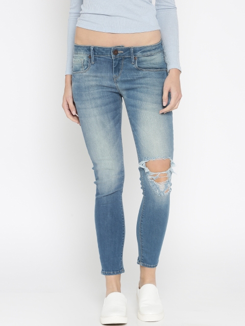 

HERE&NOW Women Ankle Length Mid-Rise Skinny Fit Blue Mildly Distressed Jeans