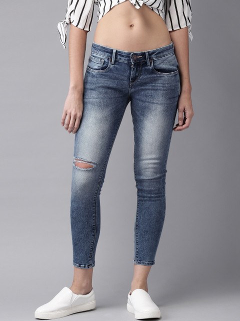

HERE&NOW Women Ankle Length Mid-Rise Skinny Fit Blue Low Distress Jeans