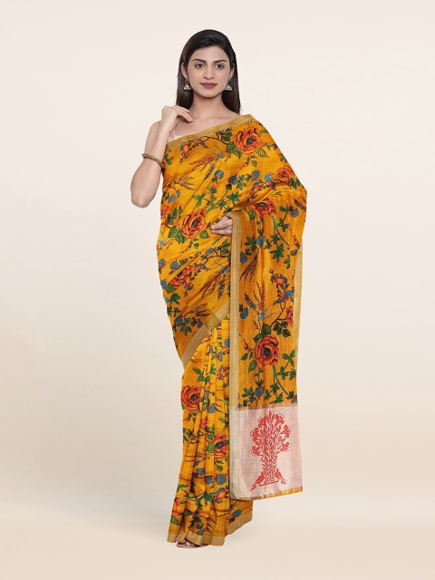 

Pothys Mustard & Peach-Coloured Floral Zari Pure Cotton Saree