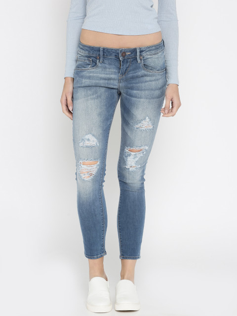 

HERE&NOW Women Ankle Length Mid Rise Skinny Fit Blue Mildly Distressed Jeans