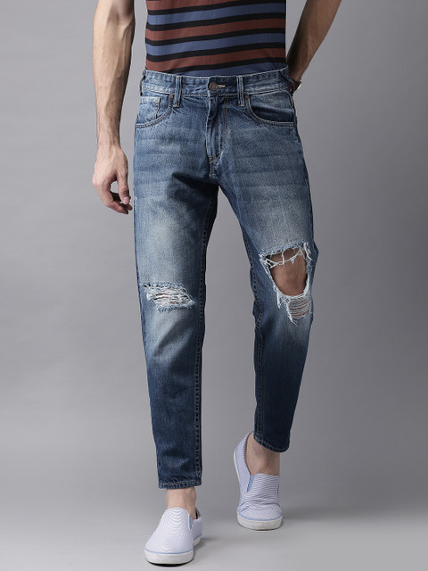 

HERE&NOW Men Ankle Length Mid-Rise Slim Tapered Fit Highly Distressed Blue Jeans