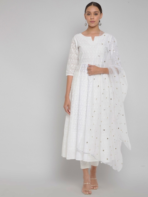 

PANIT Women White Embroidered Empire Pure Cotton Kurta with Trousers & With Dupatta