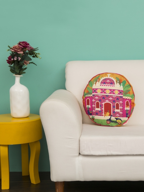 

Chumbak Multicoloured Printed 15.7" Round Cushion with Cover, Multi