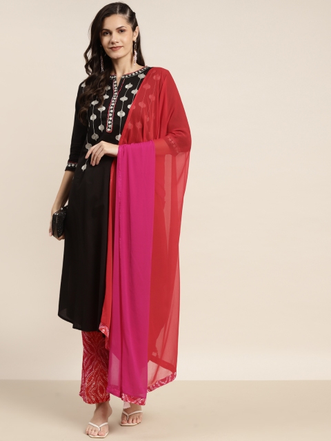 

Rain & Rainbow Women Black Embroidered Pure Cotton Kurta with Trousers & Dupatta