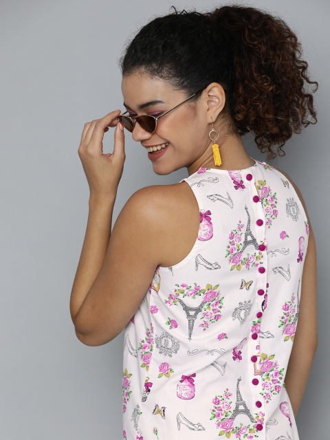 

HERE&NOW White & Pink Print Styled Back Pure Cotton Top