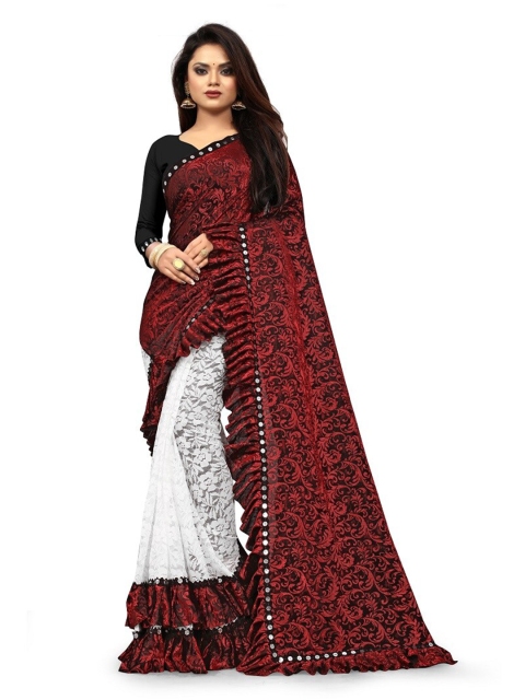 

HUTAH Maroon & White Floral Zari Saree