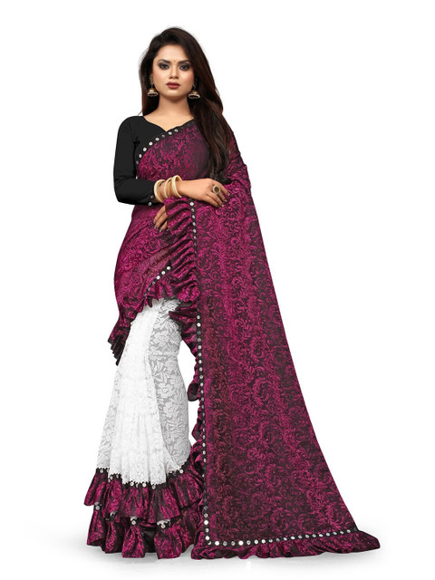 

HUTAH Purple & Off White Floral Zari Leheriya Saree