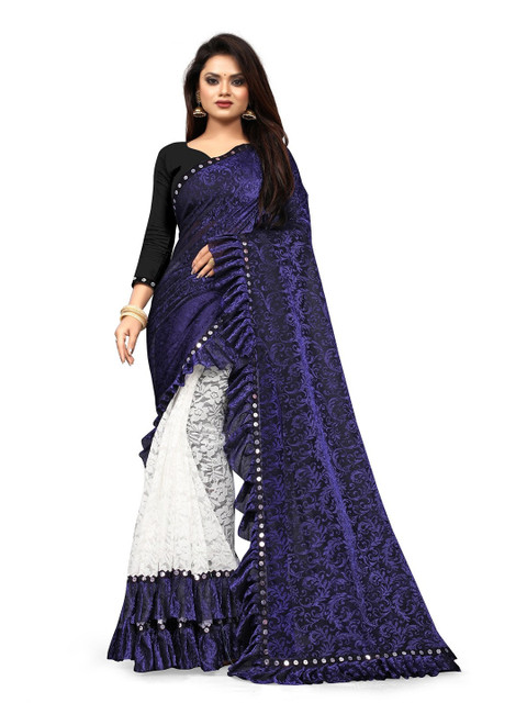 

HUTAH Blue & White Woven Design Zari Leheriya Saree