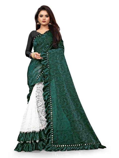 

HUTAH Green & Off White Floral Zari Leheriya Saree