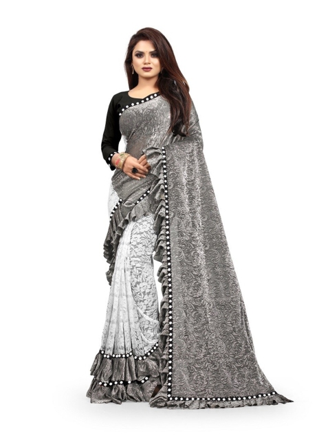 

HUTAH Grey & White Woven Design Zari Leheriya Saree