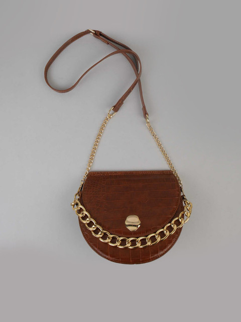 

THESTO Brown Textured PU Half Moon Sling Bag