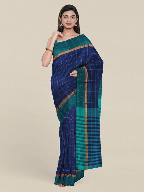 

Pothys Blue & Gold-Toned Checked Zari Pure Cotton Saree